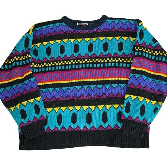 Vintage 90’s Chauvin Geometric Retro Turquoise Knit Sweater - Picture 6 of 8